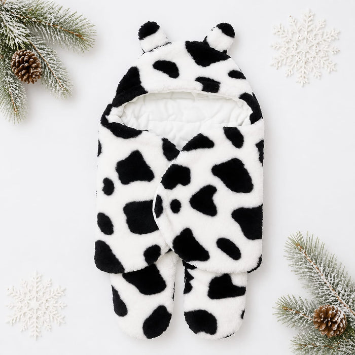 A plush baby footed sleeper or onesie in a black and white cow print pattern, styled flat-lay on a white background with winter-themed decorative props including pine branches, pinecones, and white snowflakes.