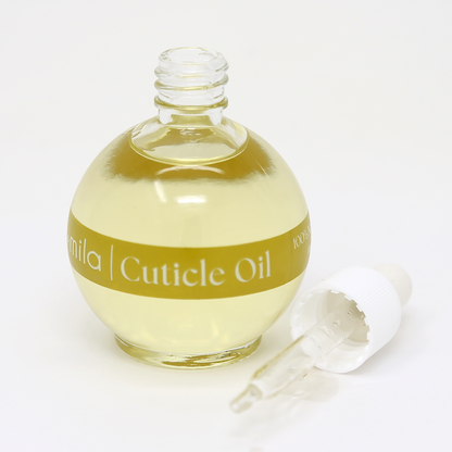 Tsubaki & Argan cuticle oil round bottle with the dropper cap beside it
