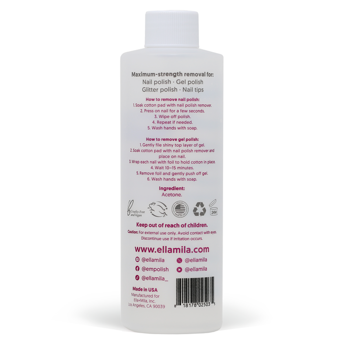 100% Pure Acetone Nail Polish Remover 8 fl oz bottle, back label with directions and ingredients