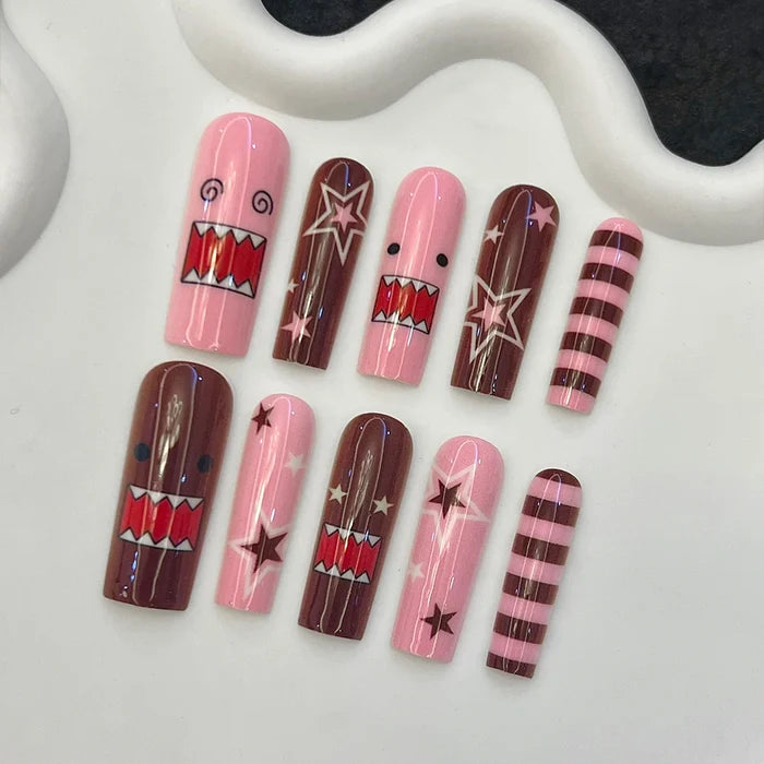 10Pcs/Set Handmade Y2K Long Square  White French press on nails，DoMo Star and Heart pattern Decoration