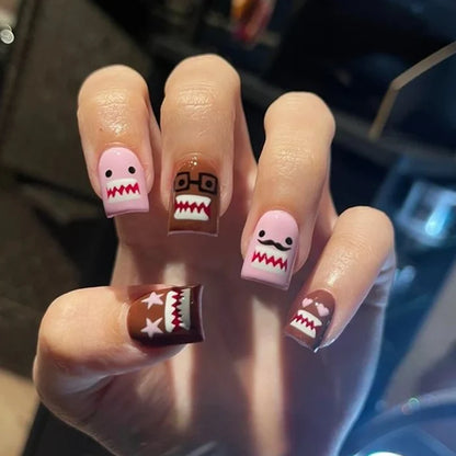 10Pcs/Set Handmade Y2K Long Square  White French press on nails，DoMo Star and Heart pattern Decoration