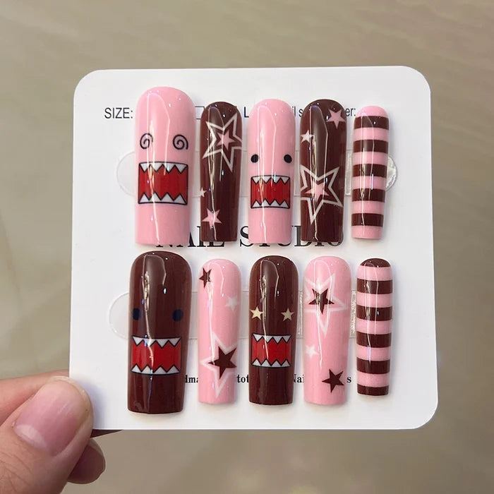 10Pcs/Set Handmade Y2K Long Square  White French press on nails，DoMo Star and Heart pattern Decoration