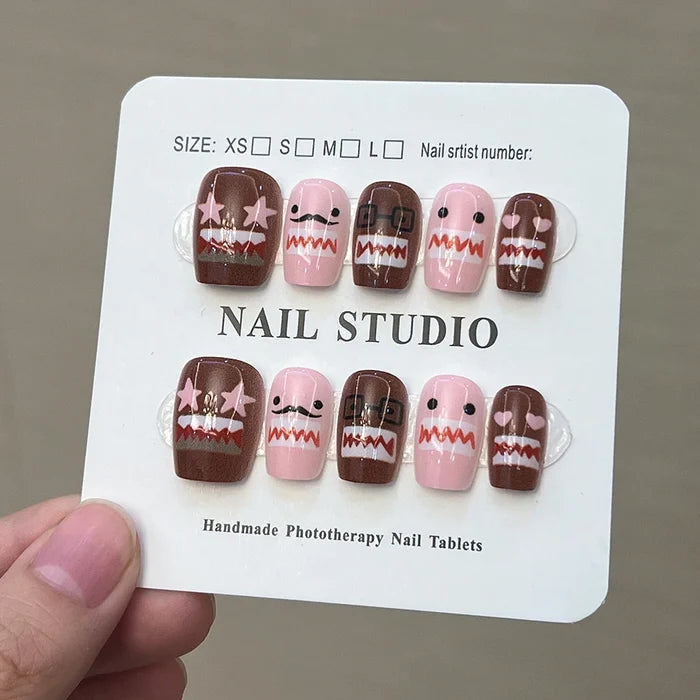 10Pcs/Set Handmade Y2K Long Square  White French press on nails，DoMo Star and Heart pattern Decoration
