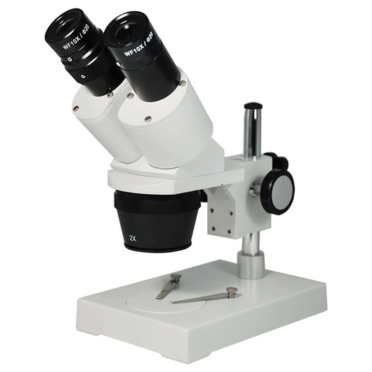 10X/20X Widefield Stereo Microscope, Binocular, Post Stand (Height 155mm) Fixed Head, SKU FS12110121, three quarter front view