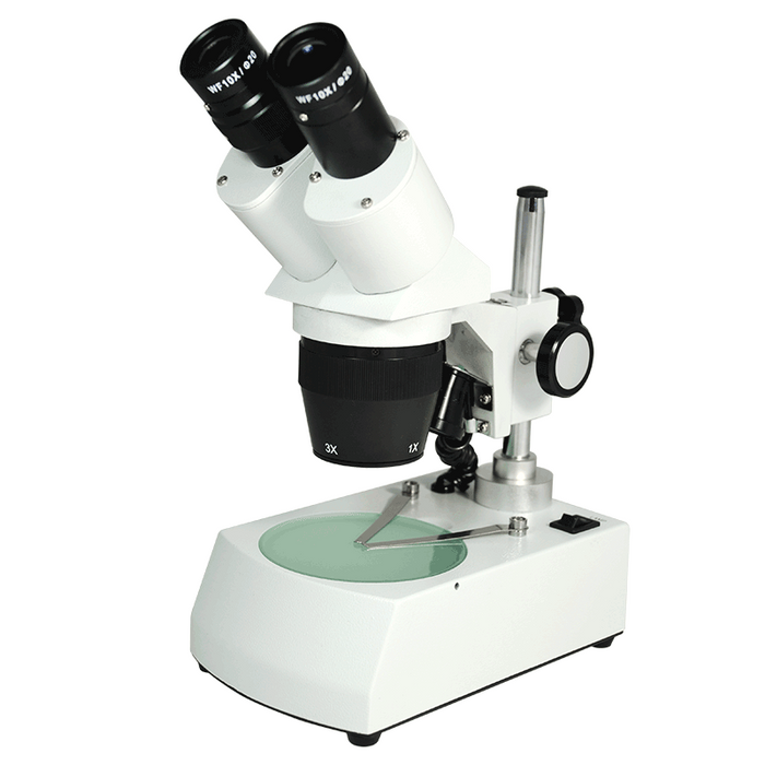 10X/30X WF LED Widefield Forward Stereo Microscope Top & Bottom Light Portable, SKU FS12120230, three quarter front view