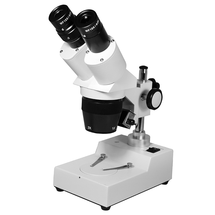 10X/30X Widefield Stereo Microscope, Binocular, Post Stand, Halogen Top Light, SKU FS12120223, three quarter front view