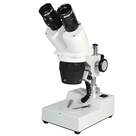 10X/30X Widefield Stereo Microscope, Binocular, Post Stand, LED Top Light (360° Rotatable Head), SKU FS12120229, three quarter front view