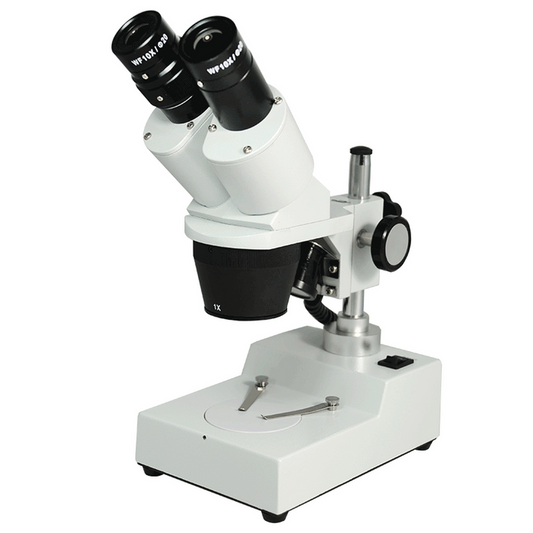 10X/30X Widefield Stereo Microscope, Binocular, Post Stand, LED Top Light (Fixed Head), SKU FS12110226, three quarter front view