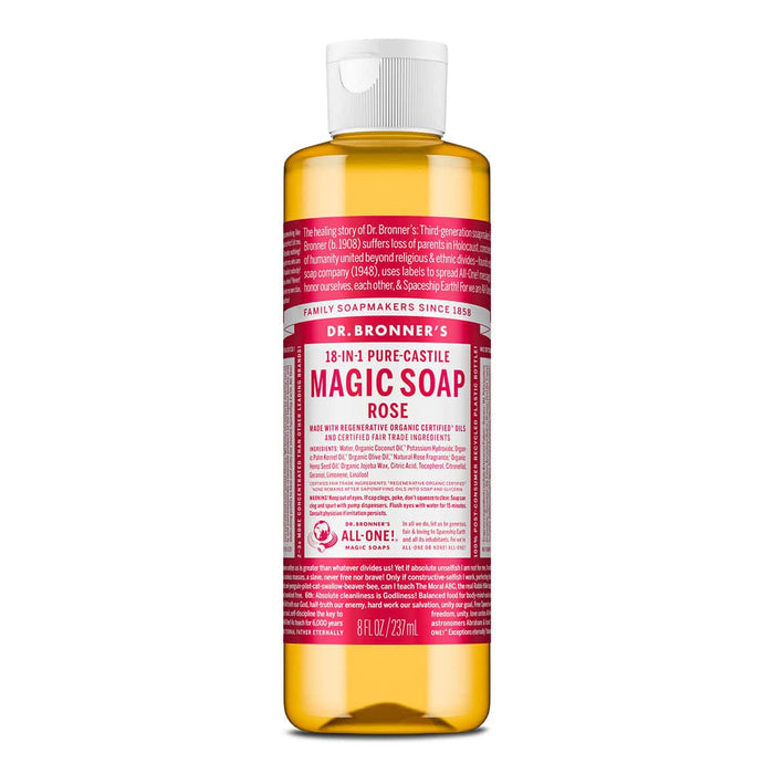 Dr. Bronner's Magic Soap Rose in a 237ml bottle on a white background