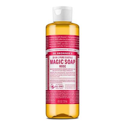 Dr. Bronner's Magic Soap Rose in a 237ml bottle on a white background
