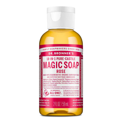 Dr. Bronner's Magic Soap Rose in a 59ml bottle on a white background.