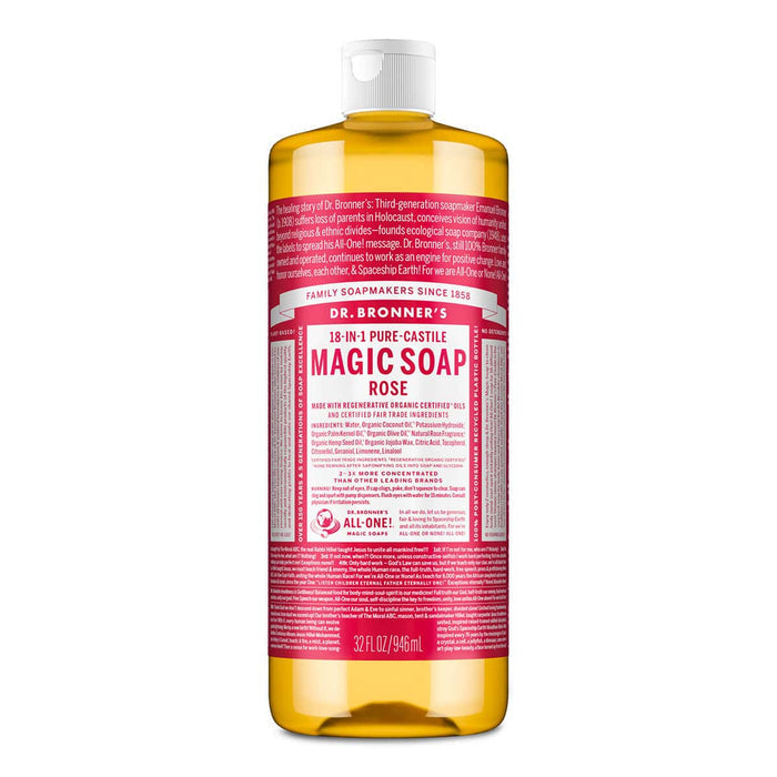 Dr. Bronner's Magic Soap Rose in a 946ml bottle with pink label on a white background