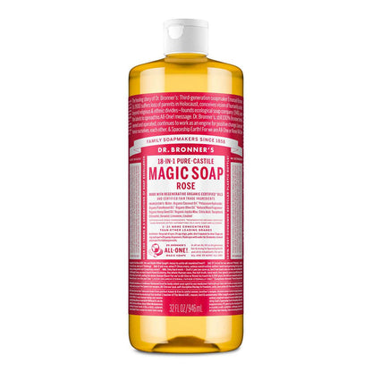 Dr. Bronner's Magic Soap Rose in a 946ml bottle with pink label on a white background