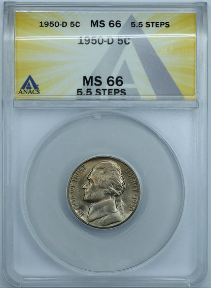 1950 D (Denver) 5c Jefferson Nickel - ANACS MS66 5.5 Steps