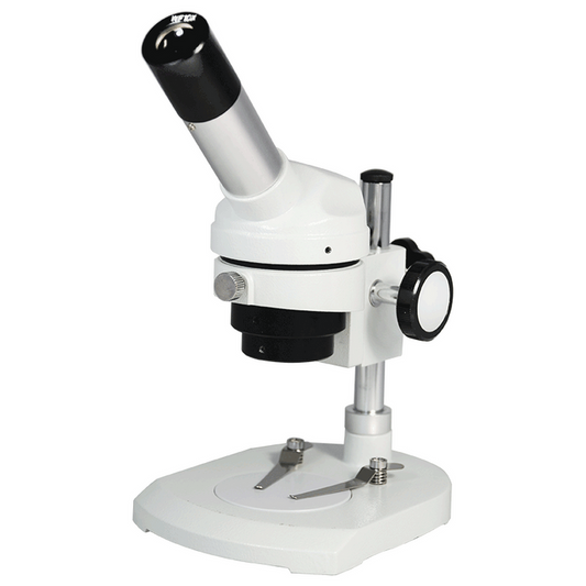 20X Widefield Stereo Microscope, Monocular, Post Stand, FOV 7.5mm for Dissecting, SKU FS12080111, three quarter front view