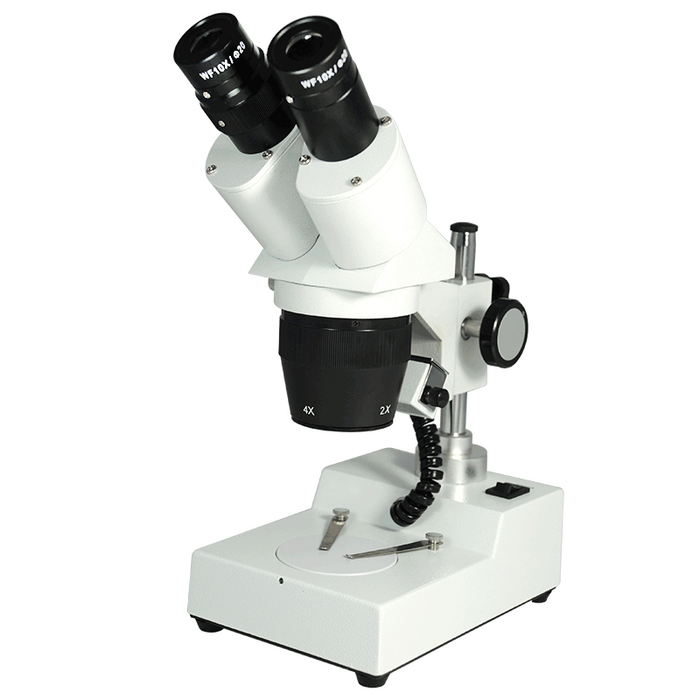 20X/40X Widefield Stereo Microscope, Binocular, Post Stand, LED Top Light (360° Rotatable Head), SKU FS12120329, three quarter front view