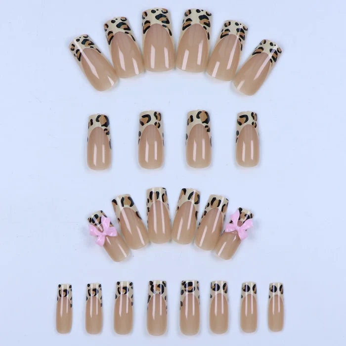 24PCS Acrylic nail long French press pink nail fully covered square leopard print fake nail