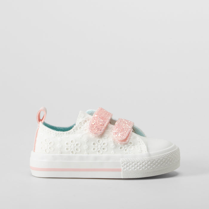 Zapatilla lona bordada blanca y rosa BACHE