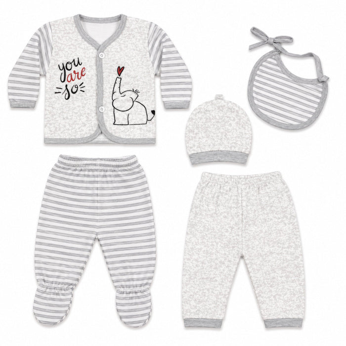 5 Pieces Imported Newborn Fleece Starter Set – Grey Elephant | Soft Winter Baby Clothing Set | 0+ Months