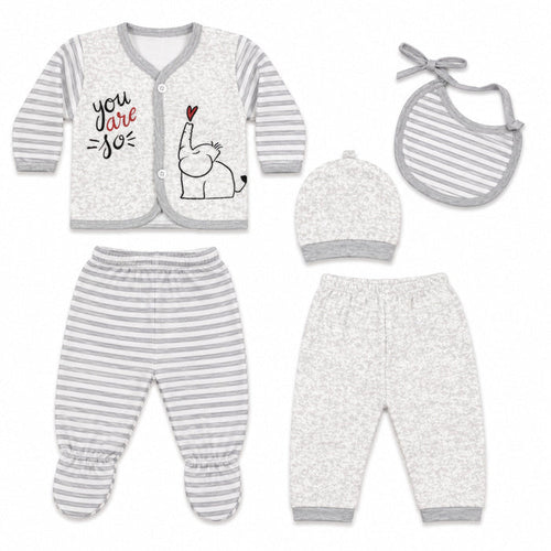 5 Pieces Imported Newborn Fleece Starter Set – Grey Elephant | Soft Winter Baby Clothing Set | 0+ Months
