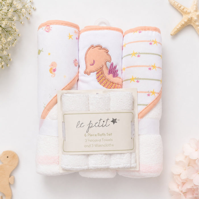 6 Pieces - Le Petit - Bath Towel Gift Set - Peach - Seahorse