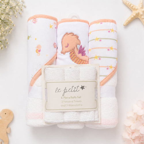 6 Pieces - Le Petit - Bath Towel Gift Set - Peach - Seahorse