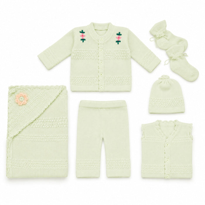 6 Pieces Wool Newborn Starter Set Green | Soft & Warm Winter Baby Clothing Set | 0+ Months
