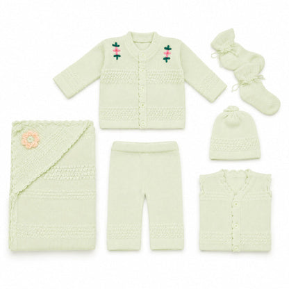 6 Pieces Wool Newborn Starter Set Green | Soft & Warm Winter Baby Clothing Set | 0+ Months