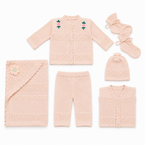 6 Pieces Wool Newborn Starter Set Peach | Soft & Warm Winter Baby Clothing Set | 0+ Months