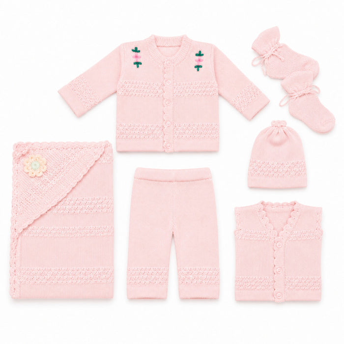 6 Pieces Wool Newborn Starter Set Pink | Soft & Warm Winter Baby Clothing Set | 0+ Months