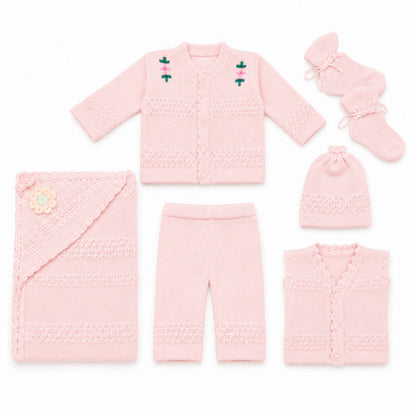 6 Pieces Wool Newborn Starter Set Pink | Soft & Warm Winter Baby Clothing Set | 0+ Months