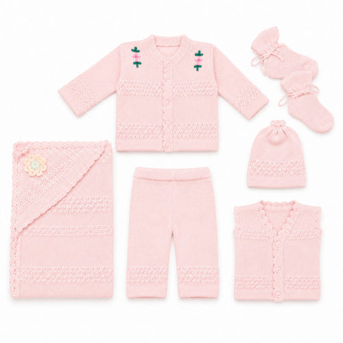 6 Pieces Wool Newborn Starter Set Pink | Soft & Warm Winter Baby Clothing Set | 0+ Months