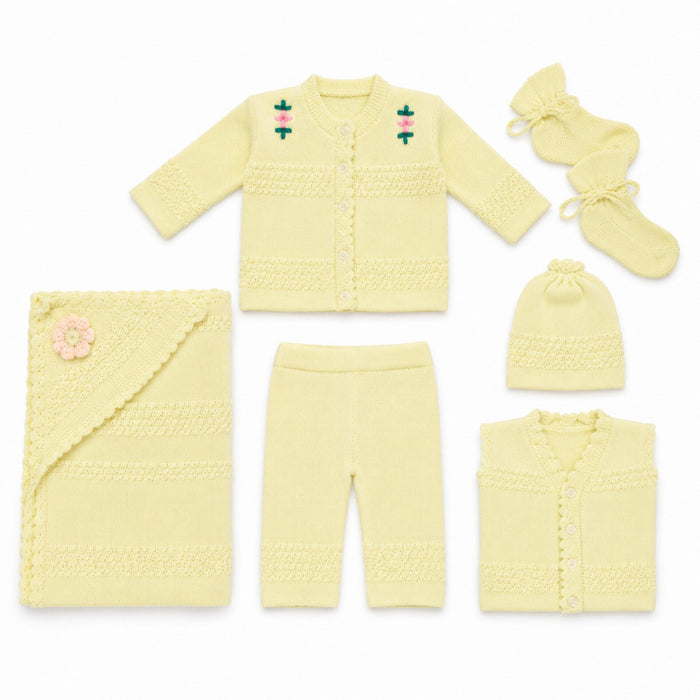 6 Pieces Wool Newborn Starter Set Yellow | Soft & Warm Winter Baby Clothing Set | 0+ Months