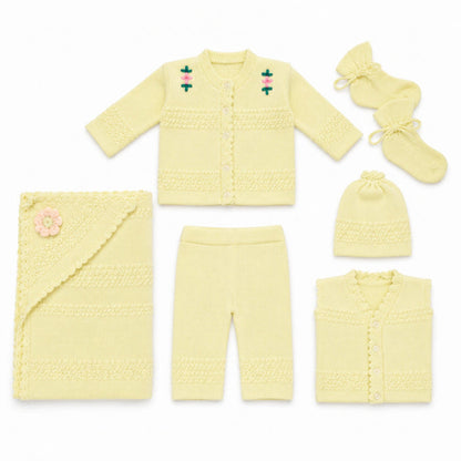 6 Pieces Wool Newborn Starter Set Yellow | Soft & Warm Winter Baby Clothing Set | 0+ Months