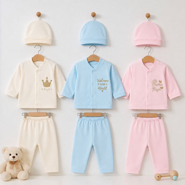 Three baby clothing sets displayed on hangers against a light wall: cream long-sleeve top with cream pants and beanie, light blue long-sleeve top with light blue pants and beanie, and pink long-sleeve top with pink pants and beanie. Each set has a matchin
