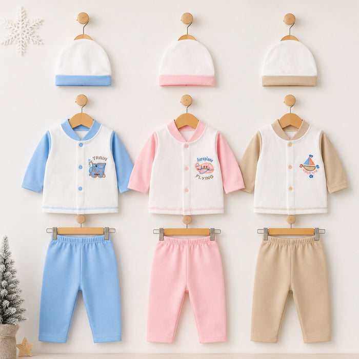 Three baby clothing sets displayed on wooden hangers against a light beige wall. Each set includes a long-sleeve cardigan-style top with matching pants and a knit beanie.
