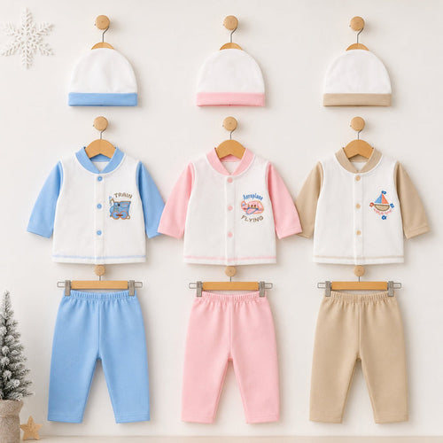 Three baby clothing sets displayed on wooden hangers against a light beige wall. Each set includes a long-sleeve cardigan-style top with matching pants and a knit beanie.