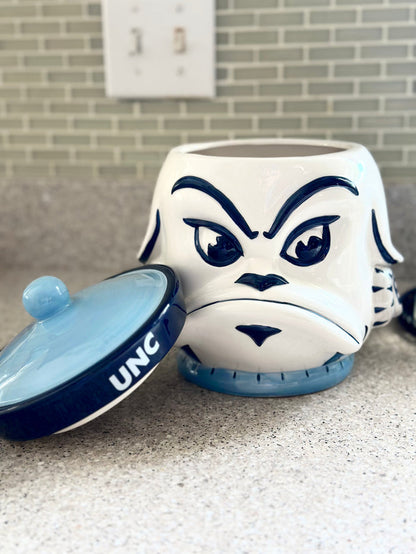 North Carolina Tar Heels Mascot Rameses Ceramic Cookie Jar with Lid - Front View - Neil Enterprises