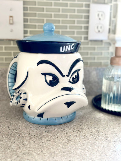North Carolina Tar Heels Mascot Rameses Ceramic Cookie Jar with Lid - Detail View - Neil Enterprises