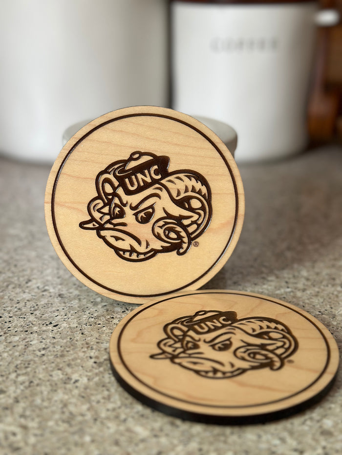 University of North Carolina Chapel Hill Rameses Head Maple Coaster - Detail View - Lazer Edge