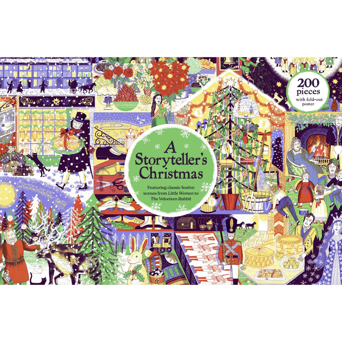 A 200-piece A Storyteller’s Christmas jigsaw puzzle featuring a festive collage of literary scenes from Little Women and The Velveteen Rabbit.