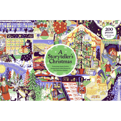 A 200-piece A Storyteller’s Christmas jigsaw puzzle featuring a festive collage of literary scenes from Little Women and The Velveteen Rabbit.