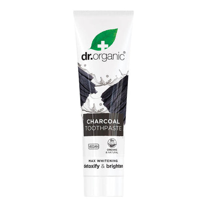 100ml tube Dr. Organic Activated Charcoal Toothpaste with silica, Icelandic moss, and peppermint oil.