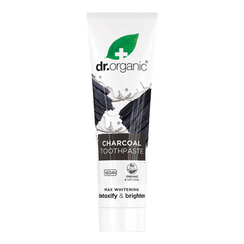 100ml tube Dr. Organic Activated Charcoal Toothpaste with silica, Icelandic moss, and peppermint oil.