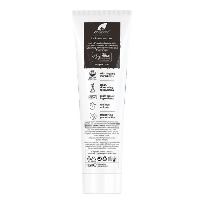 Back of 100ml tube Dr. Organic Activated Charcoal Toothpaste, showing description and ingredients.