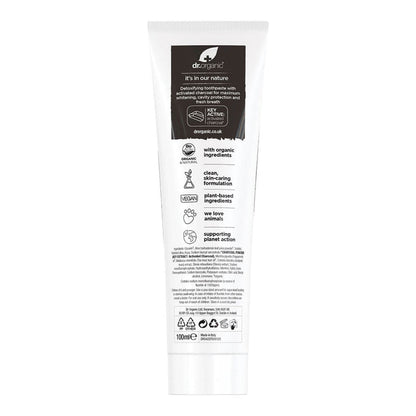 Back of 100ml tube Dr. Organic Activated Charcoal Toothpaste, showing description and ingredients.