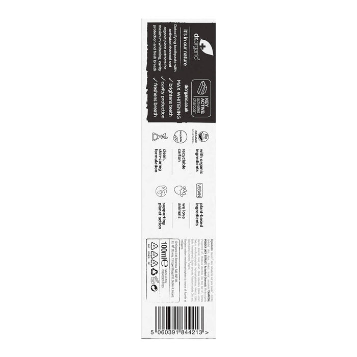 Back of 100ml box Dr. Organic Activated Charcoal Toothpaste, showing description and ingredients.