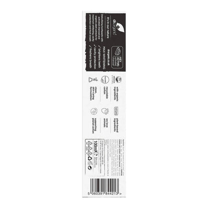 Back of 100ml box Dr. Organic Activated Charcoal Toothpaste, showing description and ingredients.