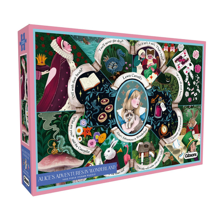 The Gibsons Games "Alice's Adventures in Wonderland | 1,000 Piece Jigsaw Puzzle" box showcases illustrated scenes and characters from the classic tale, with memorable quotes and vibrant artwork on the cover.