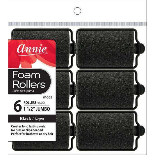 Annie Foam Hair Rollers 1 1/2 Inch Jumbo, 6 Count, Black
